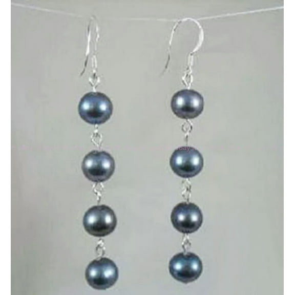 K-KED Genuine Natural 7-8mm Black Pearl 4 Beads Silver Hook Dangle Earrings