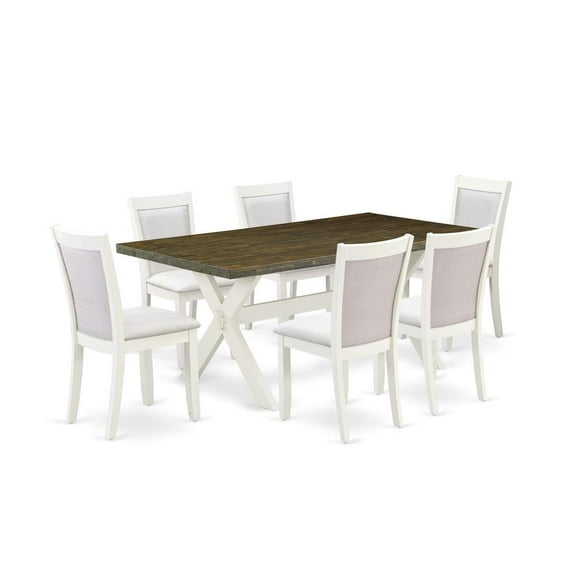 East West Furniture 7-Pc Dining Room Set Contains a Kitchen Table and 6 Cream Linen Fabric Parson Chairs with Stylish Back - Wire Brushed Linen White Finish