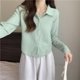 thumbnail image 4 of Camisa rosa Rimocy con cuello vuelto y botones para mujer, blusa informal coreana de color liso, camisas de manga larga de gasa que combinan con todo., 4 of 5