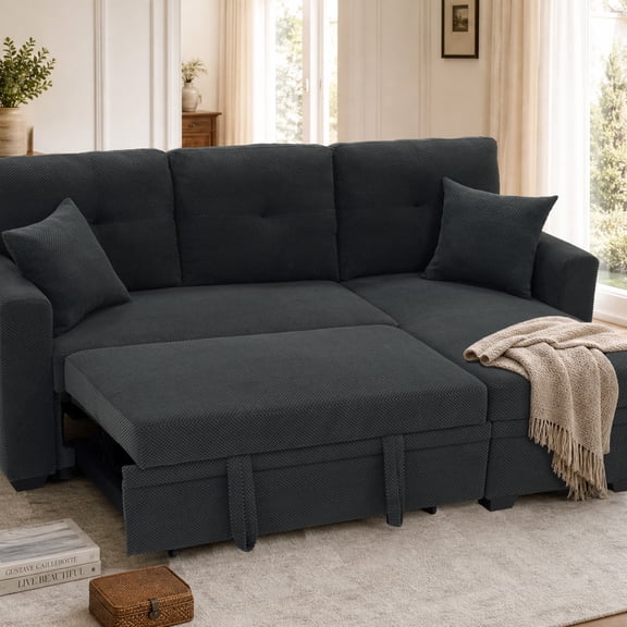 Sleeper Sectional Sofa w/ Pull-Out Bed, Reversible Chaise & Storage, L-Shaped Couch, Dark Gray