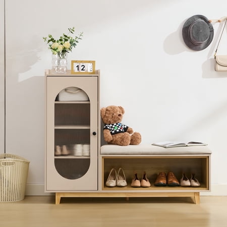 JUSTLET 2-in-1 Shoe Storage Bench and Cabinets, Multi-Functional Cabinet with Adjustable Shelves and Seat Cushion, Modern Entryway Storage Cabinet for Hallway, Bedroom, Living Room, Office, Natural