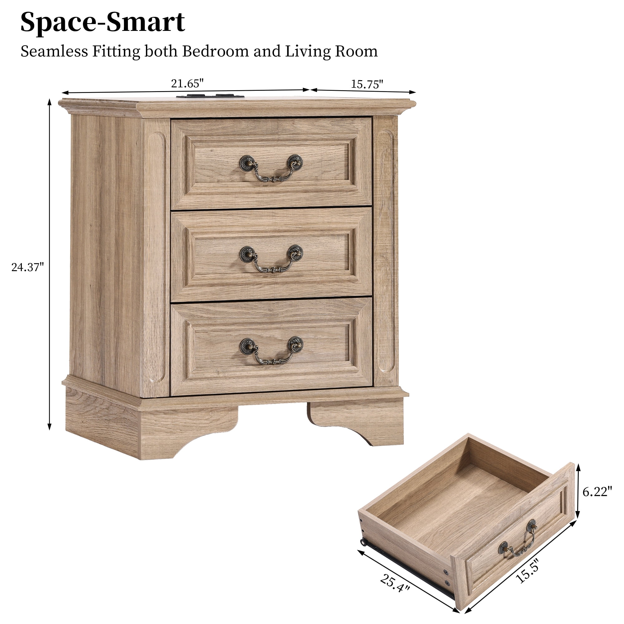 FIAKOA Farmhouse 3 Drawer Nightstand set of 2 for Bedroom, Rustic Bedside Table for Livingroom, Oak
