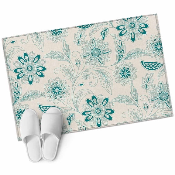 Bathroom Rugs 2x3 Ft, Teal Boho Non Slip Area Rugs for Kitchen Bedroom Entryway, Vintage Pattern Ethnic Flower Tribal Leaf Washable Carpet Runner Rug Floor Mats for Bedroom Home Decor