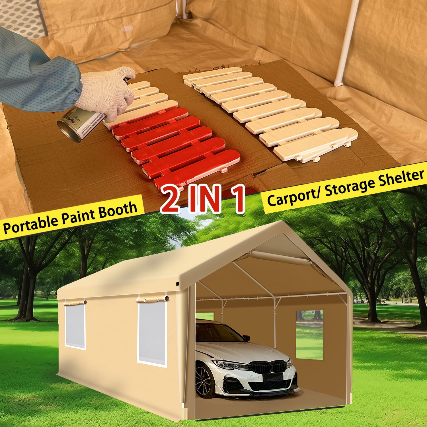 Rainproof Portable Paint Booth 20X12X10FT Spray Booth with 6pcs Mesh Windows & Floor for Painting Cars, Auto Parts, Furnitures and Other Items (Beige)