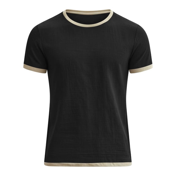 Mens T-Shirt Knit Short Sleeve Crew Neck Contrast Trim Knit T-Shirt,Black L