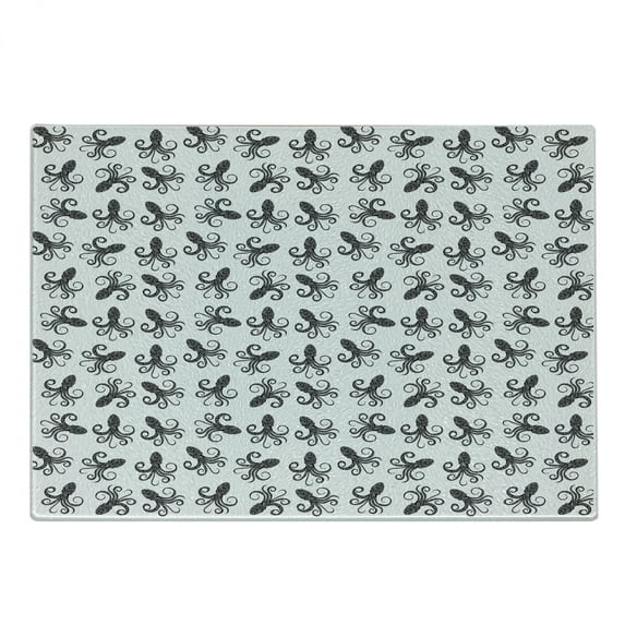 Octopus Cutting Board, Pattern with Typographic Monochrome Octopus Silhouettes with Hand Lettering, Decorative Tempered Glass Cutting and Serving Board, Small Size, Black and White, by Ambesonne