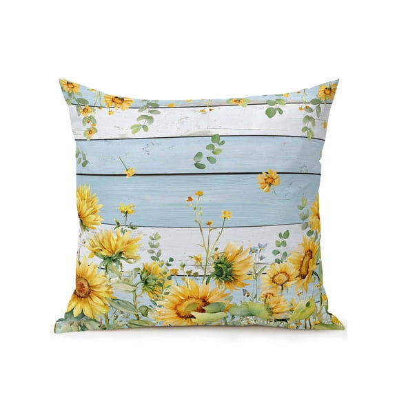 1 Pack Outdoor Throw Pillow, Sunflower Waterproof Pillow with Insert Included, Summer Eucalyptus Botanical Floral Blue Wood Decorative Accent Cushion Sofa Pillows for Patio Porch, 16 x 16 In