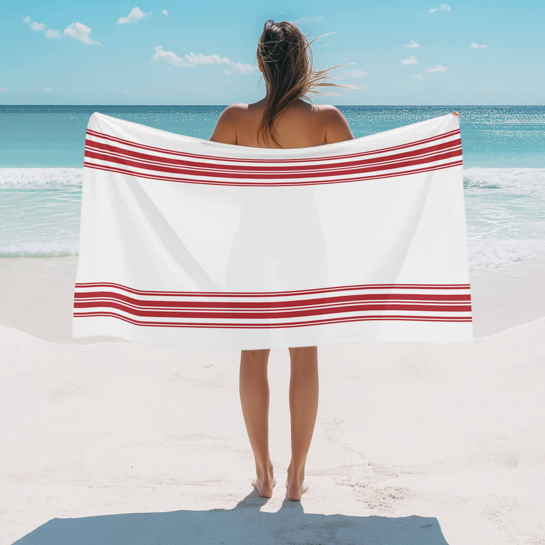 Beach Towel Red Ticking Vertically Stripe Bath Pool Towels Simple Style White Absorbent Beach Towel Soft Large Quick Dry Lightweight Camping Travel Sports Yoga Gym Swim Towels for Adult 35x70 Inch