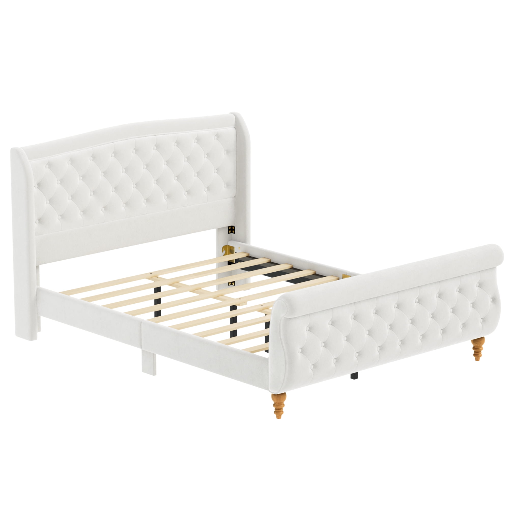 Euroco Velvet Upholstery Queen Size Platform Bed, Button Tufted Sleigh Bed Frame, No Box Spring Needed, Beige