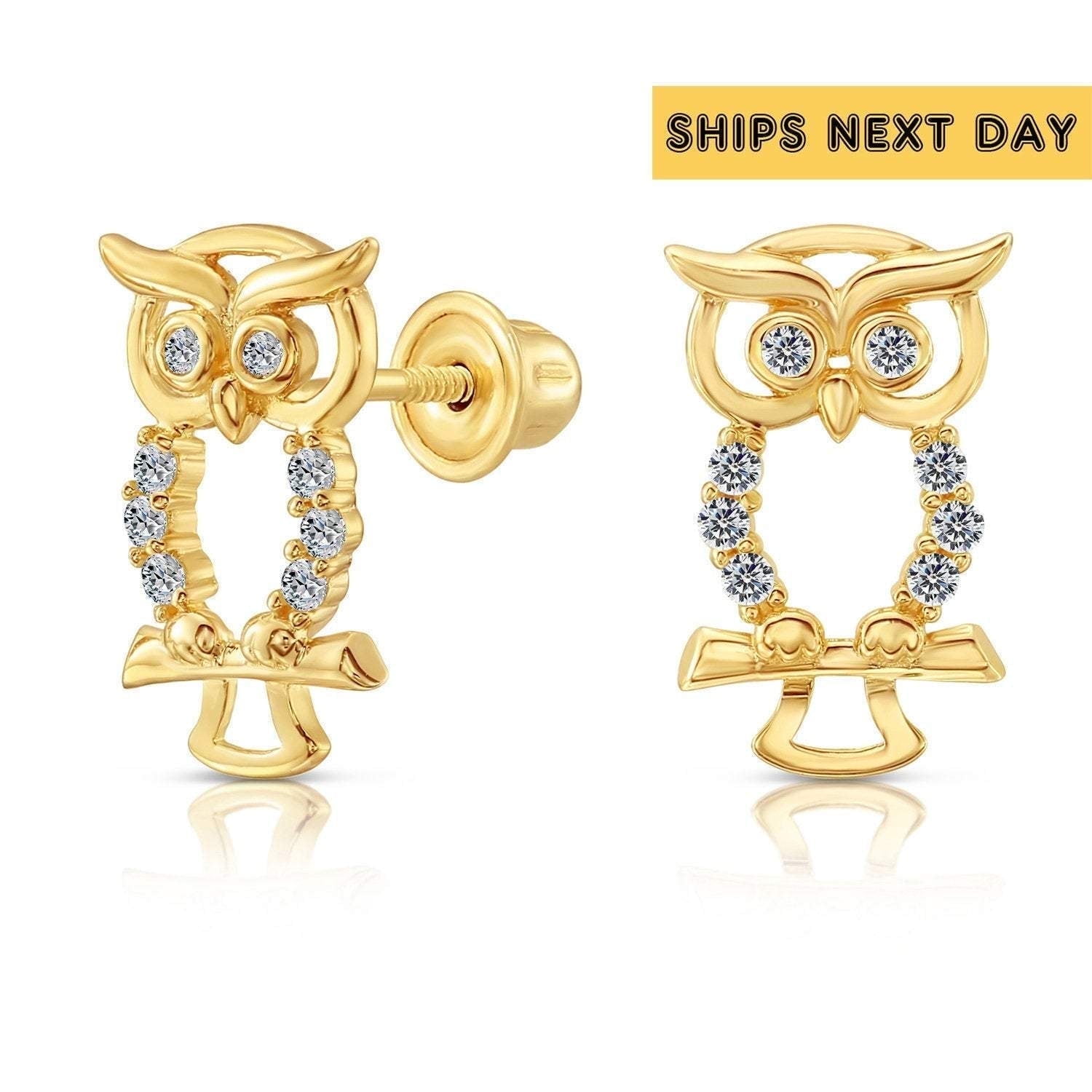 Tilo Jewelry 10K Yellow Gold CZ Owl Stud Post Earrings with Secure Screw-Backs | Everyday Dainty Small Earrings for Women & Unisex