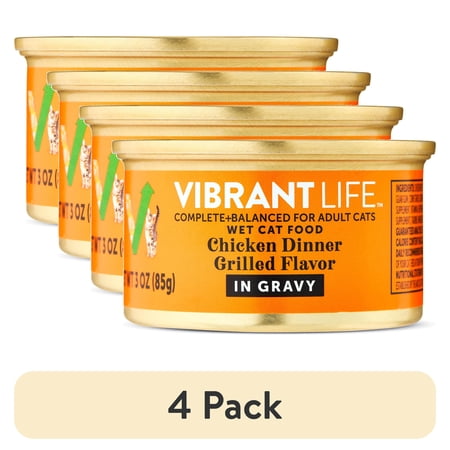 (4 pack) Vibrant Life Chicken Dinner Grilled Flavor Cuts in Gravy Wet Cat Food, 3 oz Can