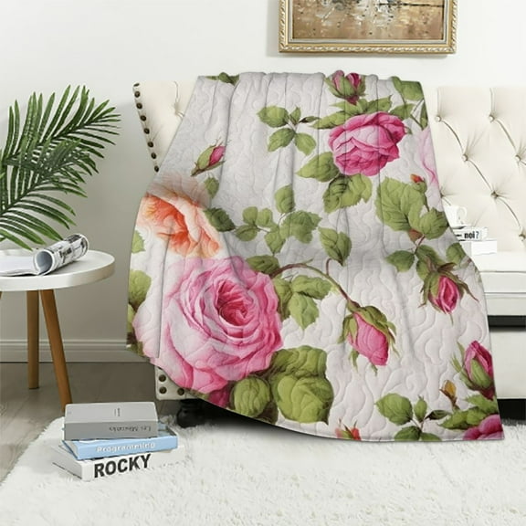 FUMJ DaDa Bedding Romantic Roses Floral Throw Blanket - Country Spring Pink & White Scalloped Colorful Lightweight Breathable - Bright Vibrant Quilted Throw Blanket