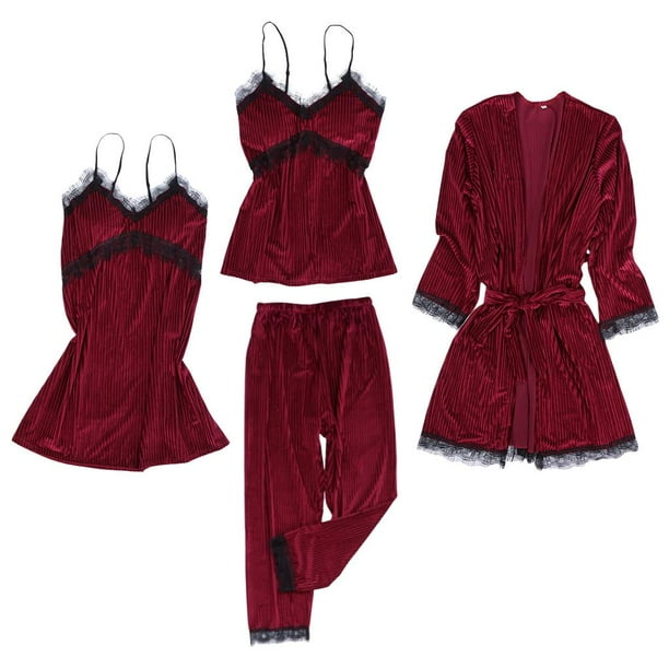 4PCS MUJERES ACOGEDOR de INVIERNO Y PIJAMAS Ropa de dormir Camisón con almohadillas - M Vino M Yinane Túnica de vellón para mujer