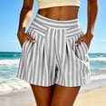 thumbnail image 2 of Women's Striped Summer Shorts With Pockets, Mid Waisted Loose Fit Pleated Casual Beach Shorts, Soft Stretchy Polyester Spandex Drawstring Elastic | TruHer,Gray L, 2 of 8