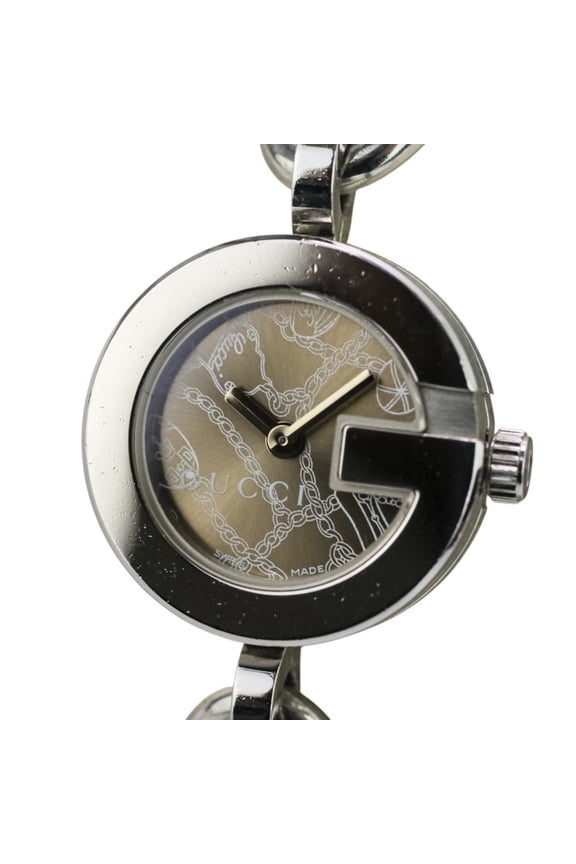 Pre-Owned GUCCI bracelet watch, model 107, with a greige dial and silver accents, for women.