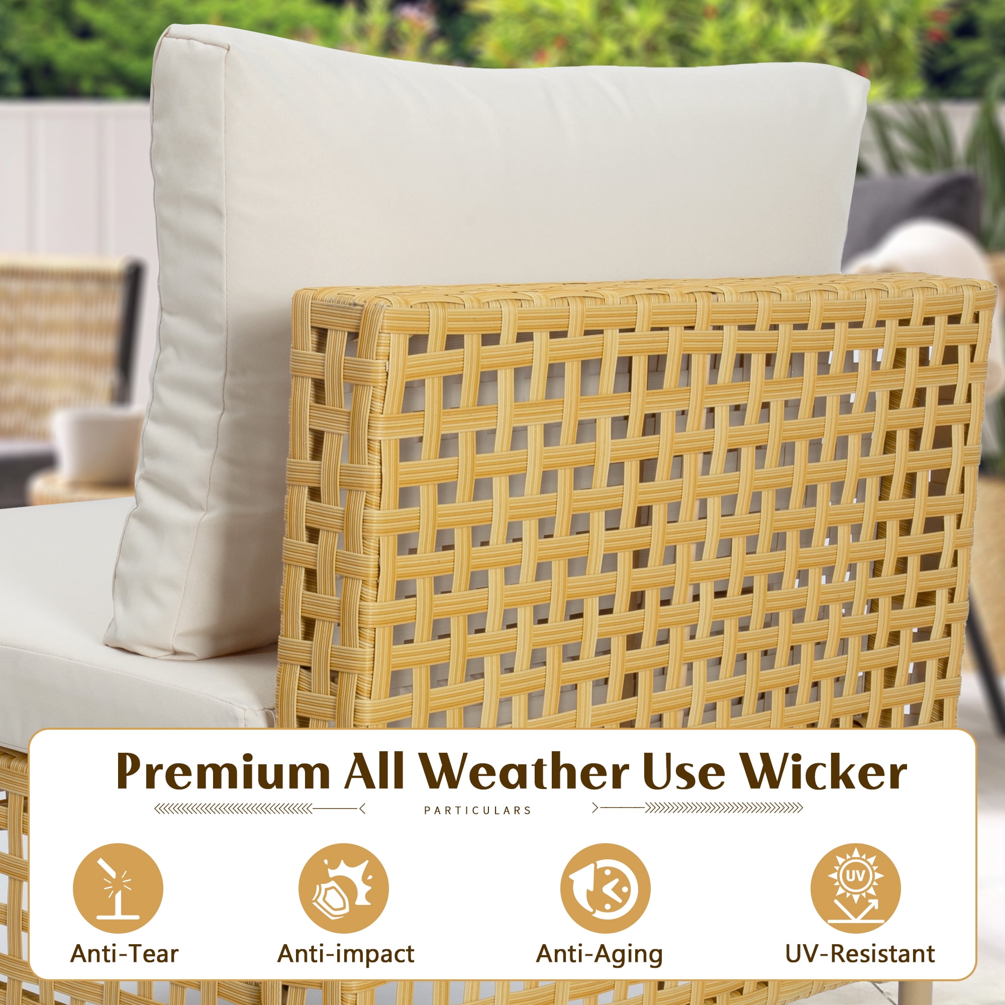 LHBcraft 7-Piece Wicker Patio Furniture Set, Boho Outdoor Conversation Set Sectional Sofa with Water Resistant Thick Cushions and Coffee Table