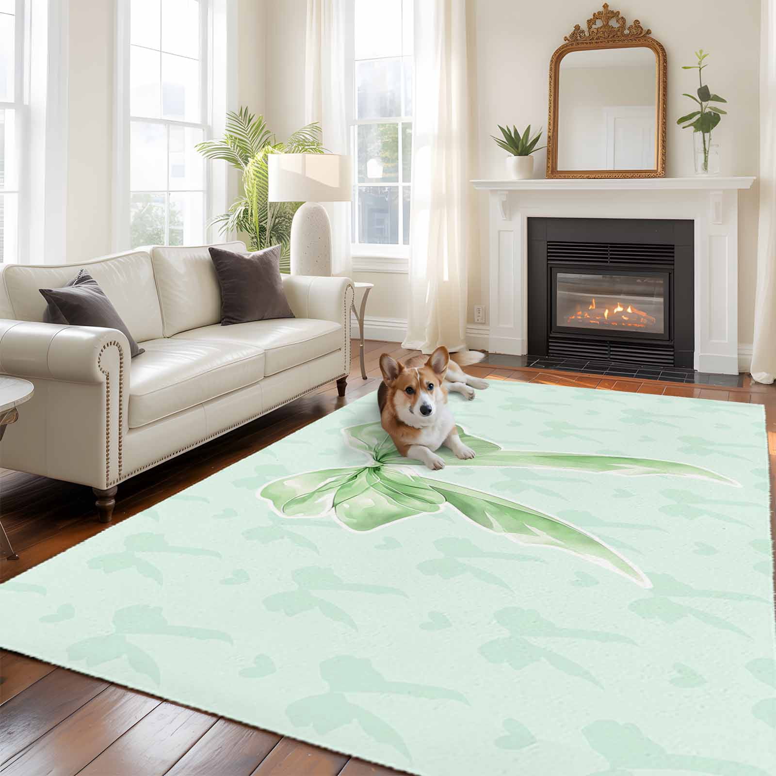 Green Bow Area Rugs 6'x9', Washable Small Throw Rugs for Kitchen Dining room, Cute Bowknot Minimalist Solid Color Indoor Outdoor Rug Non-Slip Low Pile Carpet Runner Reversible Floor Mats