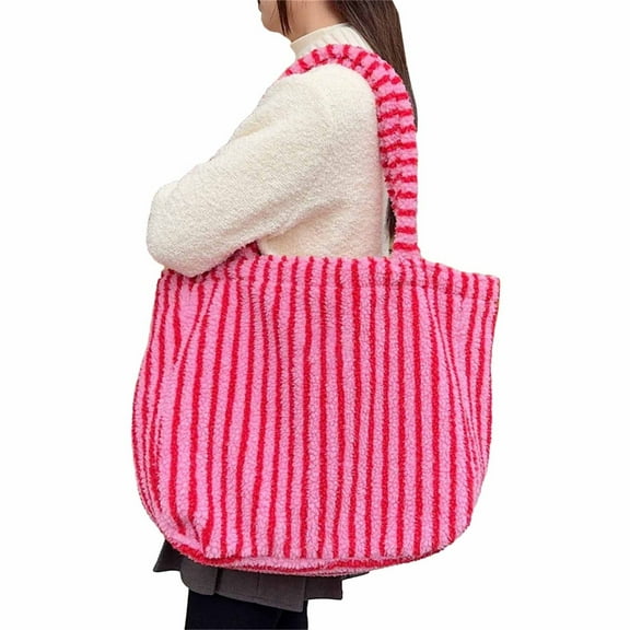 Yokua Women Plush Bag Fashion Winter Shoulder Bag Large Capacity Stripe Handbag