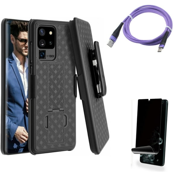 6ft USB Cable w Case Belt Clip w Privacy Screen Protector for Samsung Galaxy S20 Ultra - Purple Type-C Charger Cord, Holster Swivel Cover, TPU Film [NOT GLASS] [Fingerprint fits Galaxy S20 Ultra