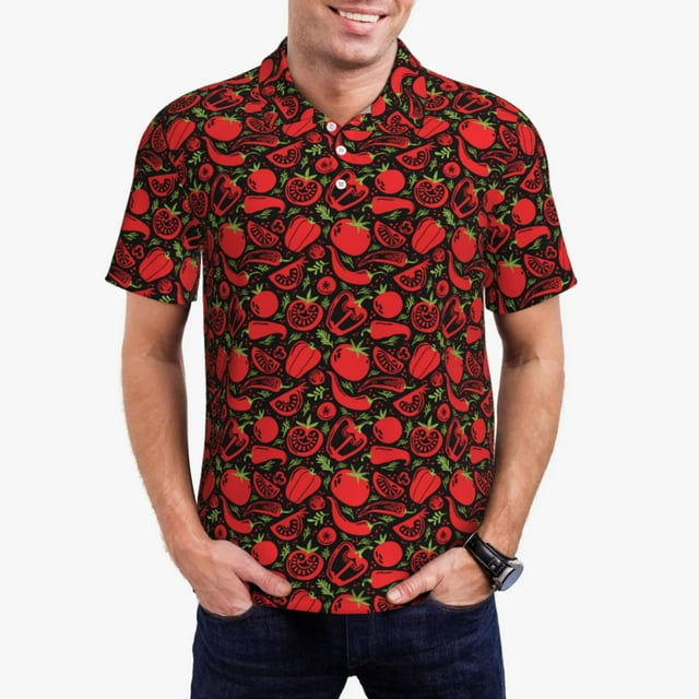 Balery Tomatoes And Chili Camisa Polo de Hombre con Estampado, de Manga Corta y Tejido Medio, Camisa Tipo Golf Polo-Large
