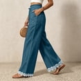 thumbnail image 7 of Women's Lightweight Lace Hem Beach Pants Ruffle Elastic Waist Wide Leg Palazzo Pants Textured Summer Pockets Casual Pants Fashion Bottoms Dark Blue, 7 of 7