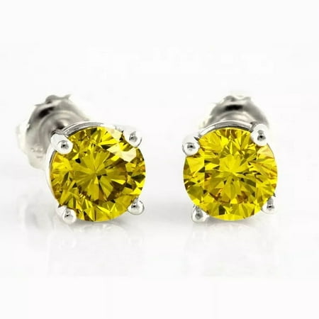 4.00 Ct Fancy Canary Yellow Round Diamond Stud Earrings Man-Made in 14K White Gold Over Sterling Silver