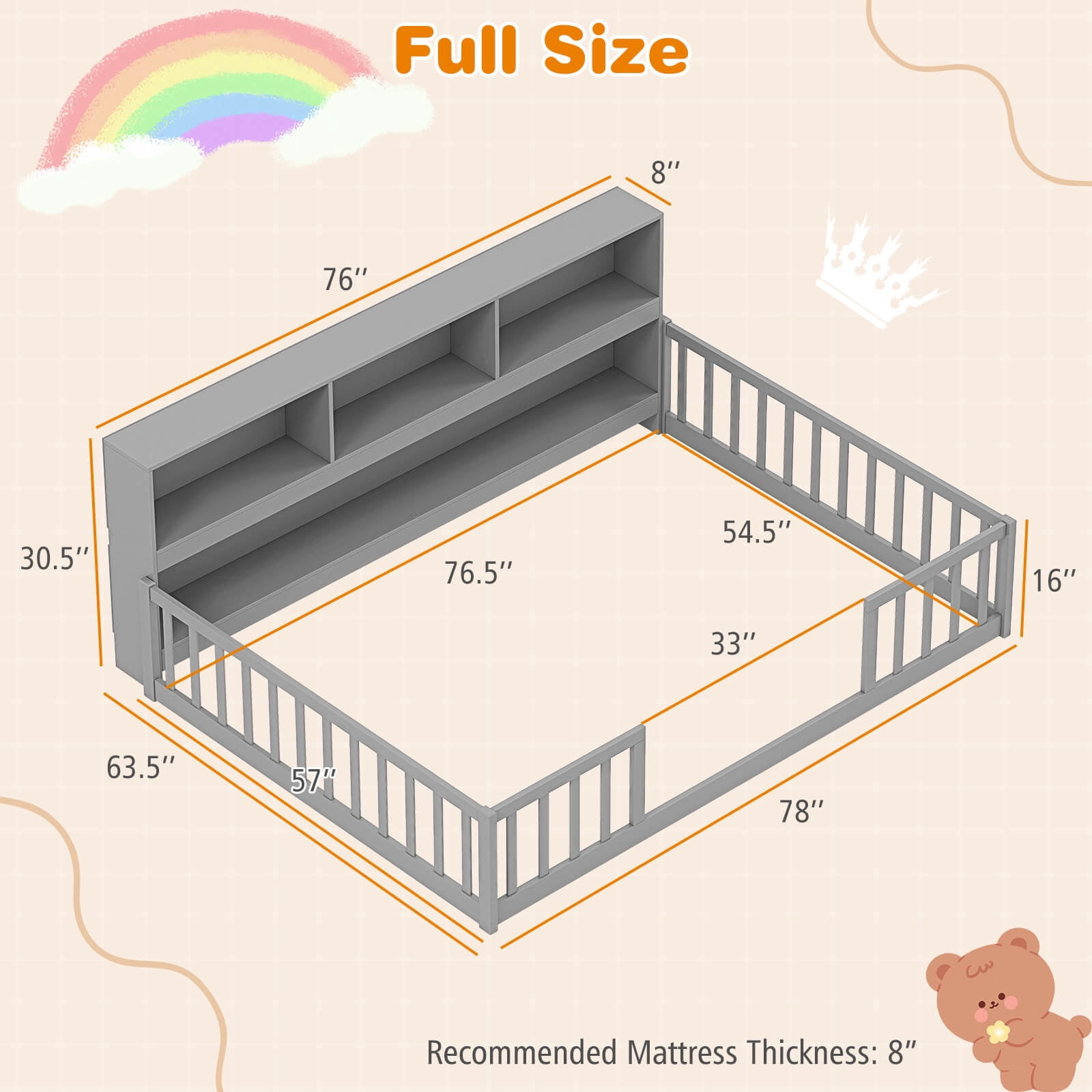 Costway Full Size Montessori Floor Bed with Bookcase Storage Shelves & Safety Fence Rails Gray