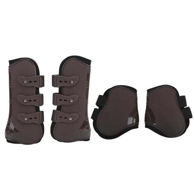 Uds. Botas para patas traseras delanteras de caballo, protectores de tendón de neopreno de PU, engranajes de protección para caballos (juego delantero y trasero marrón L)