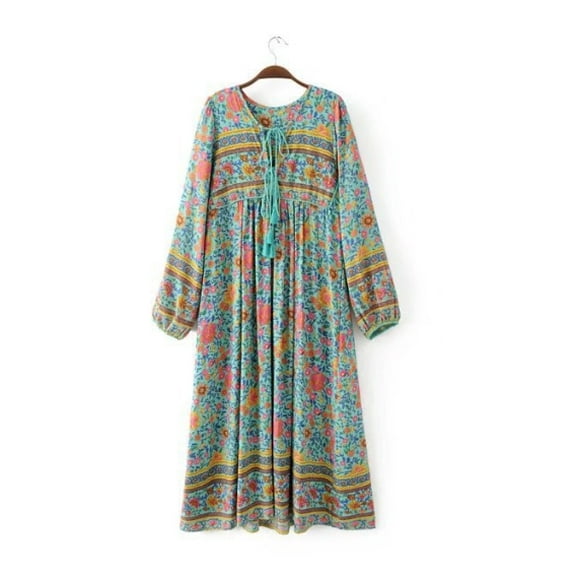 Women's Long Sleeve Floral Print Retro V Neck Tassel Bohemian Midi Dresses