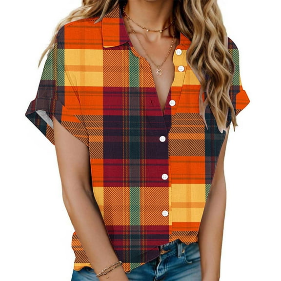 Ashirexll Shirts for Women, Womens Short Sleeve Tops, Women's Floral Printed Fashion Button Shirt Female Lapel Neck Loose T-shirt Blouse