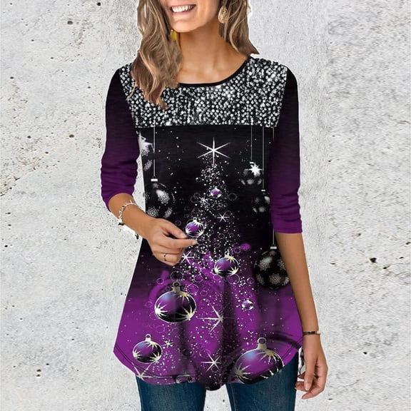 Inkach Women Long Sleeve Casual O Neck Christmas Print T-Shirt Pullover Blouse
