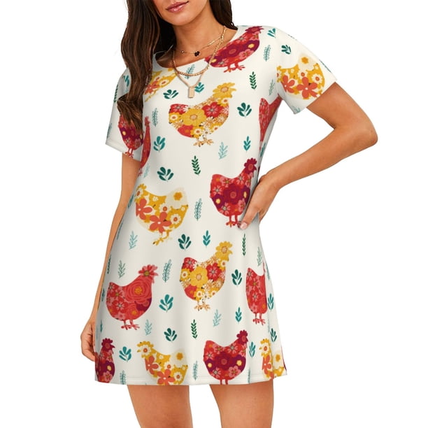Balery Flower Chicken Camisón de manga corta con cuello redondo para mujer, cómodo y elegante.