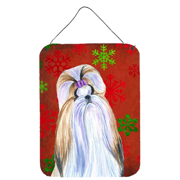 Shih Tzu Red and Green Snowflakes Holiday Christmas Wall or Door Hanging Prints