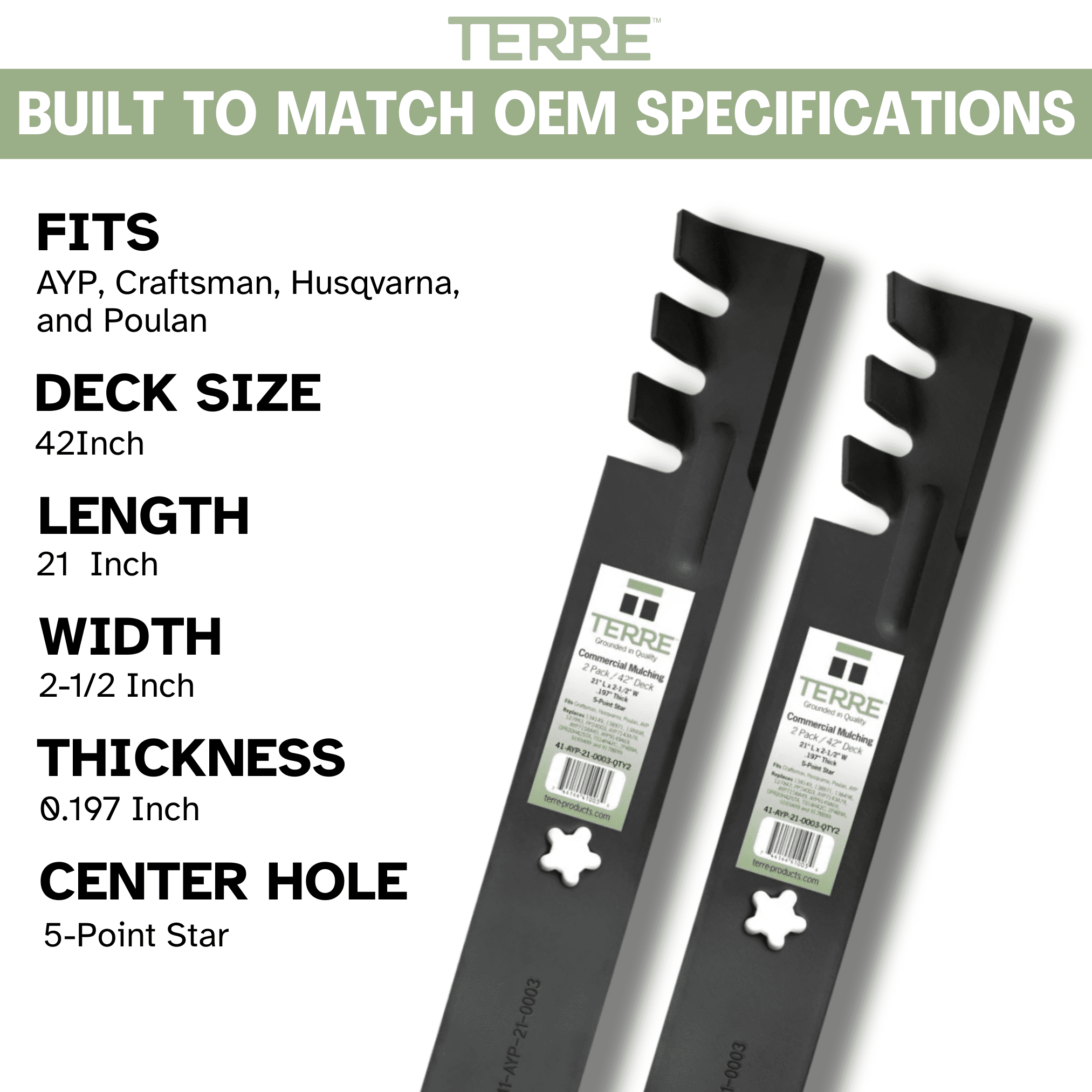 Terre Mulching Lawn Mower Blades, 42 Inch, for Craftsman and Compatible Models