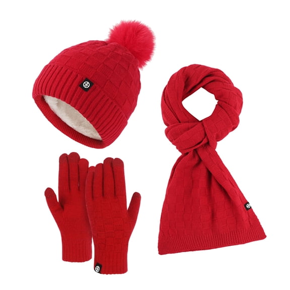 Winter Knit Beanie Scarf Gloves Set For Couples Plaid Flece Lined Hat And Matching Neck Warmer And Mittens