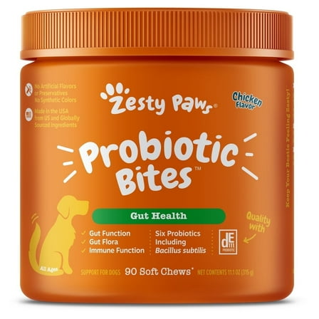 Zesty Paws Probiotic Bites Soft Chews for Dogs, Digestive Probiotics for Gut Flora & Immune Support, Chicken 90ct