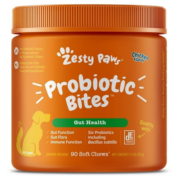 Zesty Paws Probiotic Bites Soft Chews for Dogs, Digestive Probiotics for Gut Flora & Immune Support, Chicken 90ct