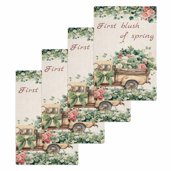 Eucalyptus Trucks Kitchen Dish Towels for Drying Dishes Set of 4, Spring Farmhouse Floral Leaves Burlap Waffle Weave Microfiber Hand Tea Bathroom Towels Quick Dry & Absorbent Towel 15.7x23.6