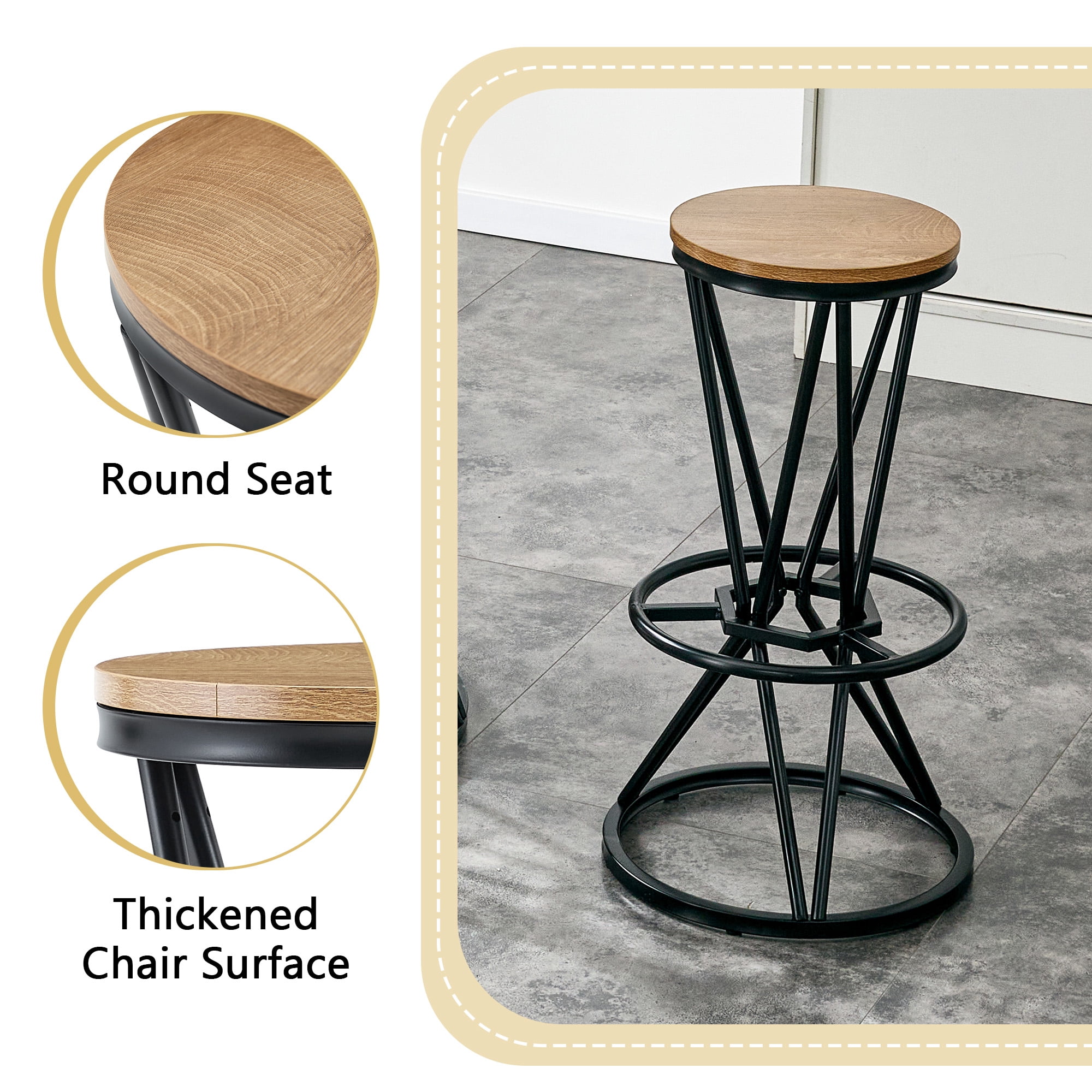 3-Piece Industrial Bar Table and Chair Set, 31.5-Inch Wood Grain MDF Bar Table with Black Metal Frame and 2 Stools, Modern Pub Dining Set for Kitchen Island Home Bar, Black Wood