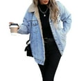 thumbnail image 2 of Women's Sherpa Fleece Denim Jakcets Casual Button Up Long-sleeved Solid Color Denim Coat Jacket, 2 of 8