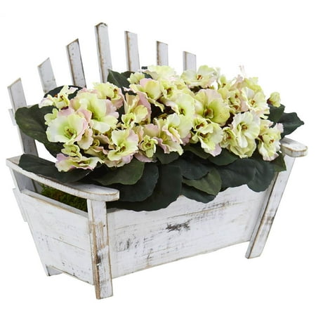 African Violet Artificial Plant in Wooden Bench Planter Silk