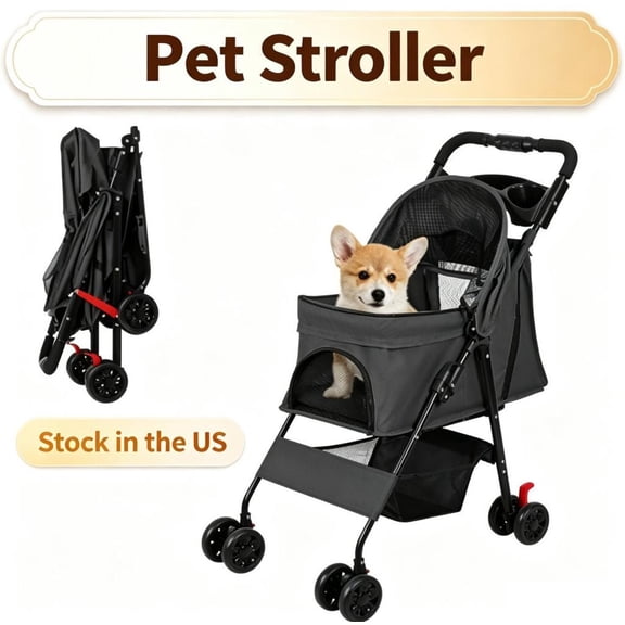 Fompes 4-Wheeled Pet Stroller for Cats & Dogs, Foldable Travel Carrier with Mesh Windows, Cup Holder, Storage Basket,Breathable Pet Strolling Cart,Holds up to 22lbs,Black