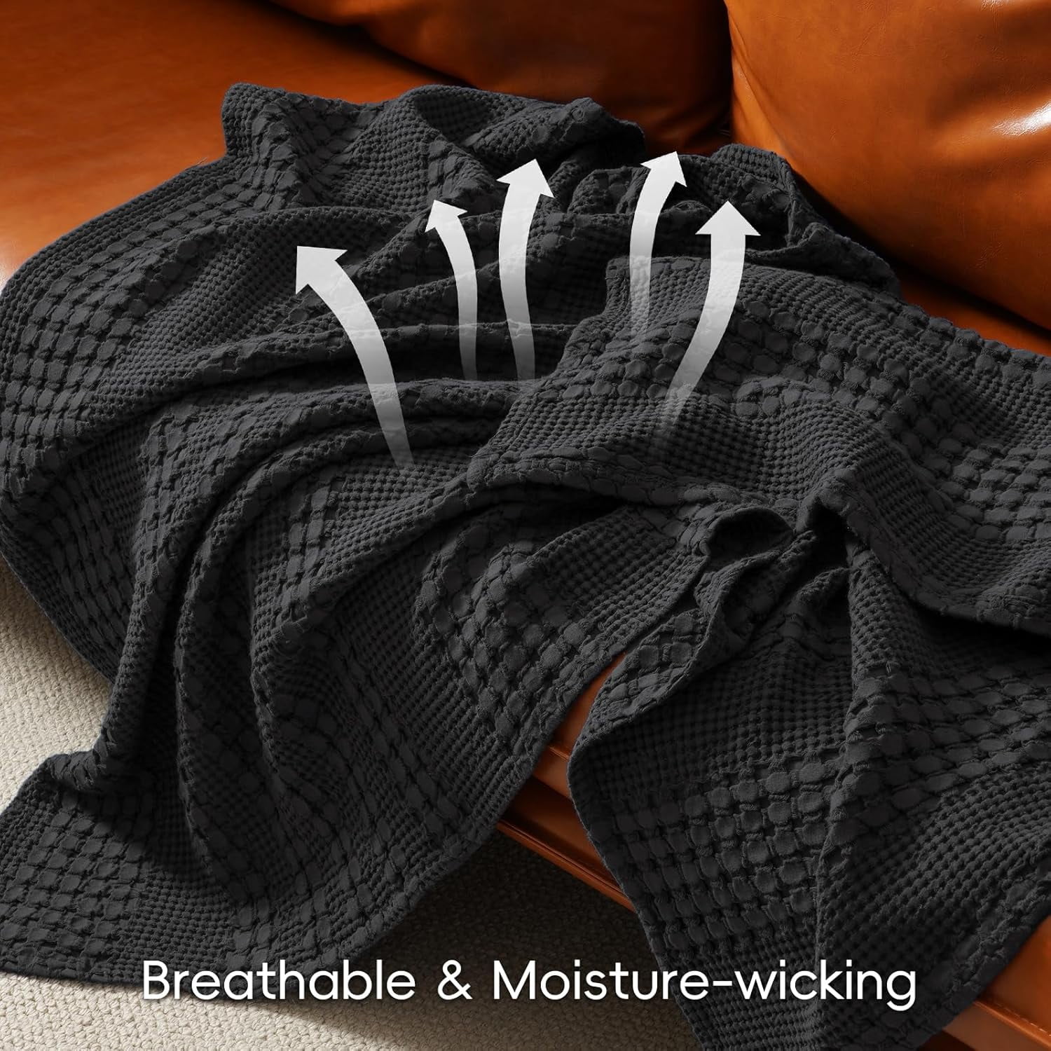 PHF 100% Cotton Waffle Weave Blanket, Lightweight Throw Washed Blanket for Bed Sofa Home Decor, Black, 50"x60"