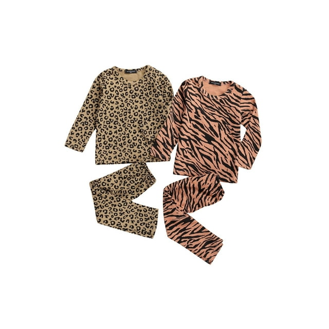 Toddler Baby 2 Piece Homewear Sets, Leopard / Zebra Pattern Long Sleeve Shirt Top + Long Pant Pajamas Suits
