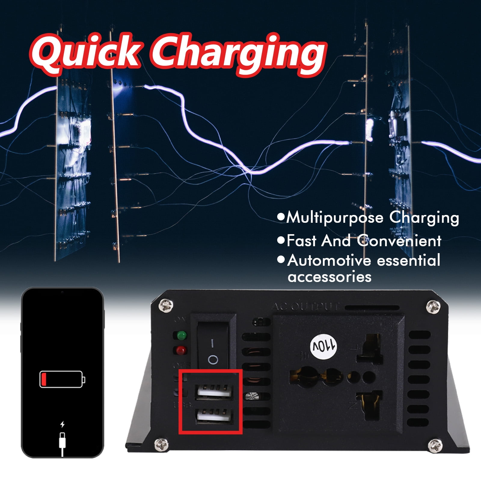 Power Inverter For Car 5000 Watts Surge Power 12V DC to 110V AC Modified Sine Wave, Power Converter for Vehicles and Outdoor Use with 3 USB Ports