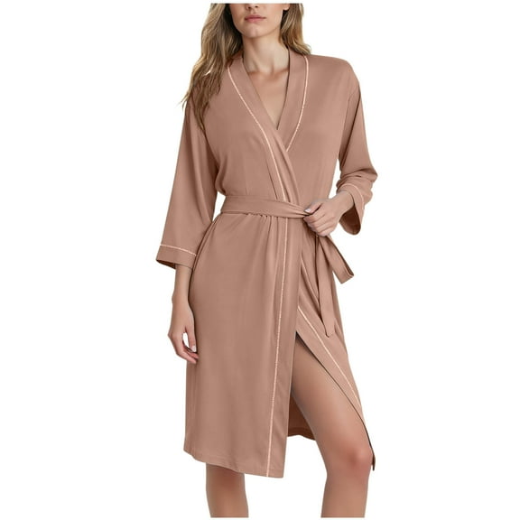 Women's 3/4 Sleeve Robe Lightweight Short Bathrobe Soft Ladies Nightgown Sleepwear with Belt
