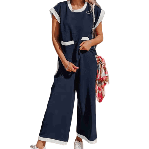 Conjunto de Verano para Mujer, Estilo Chándal, Corta, Jersey, Pantalones Largos y Anchos, Azul Marino, Beige y XL