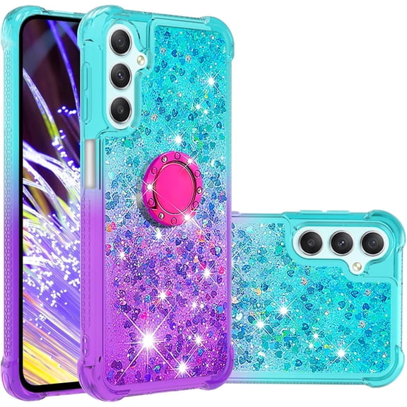 Glitter Case for Samsung Galaxy A34 5G for Women Girls, Bling Sparkle Colorful Gradient Quicksand Waterfall Soft TPU Liquid Case Cover with Ring Stand for Samsung A34 5G LSJB-Green Purple