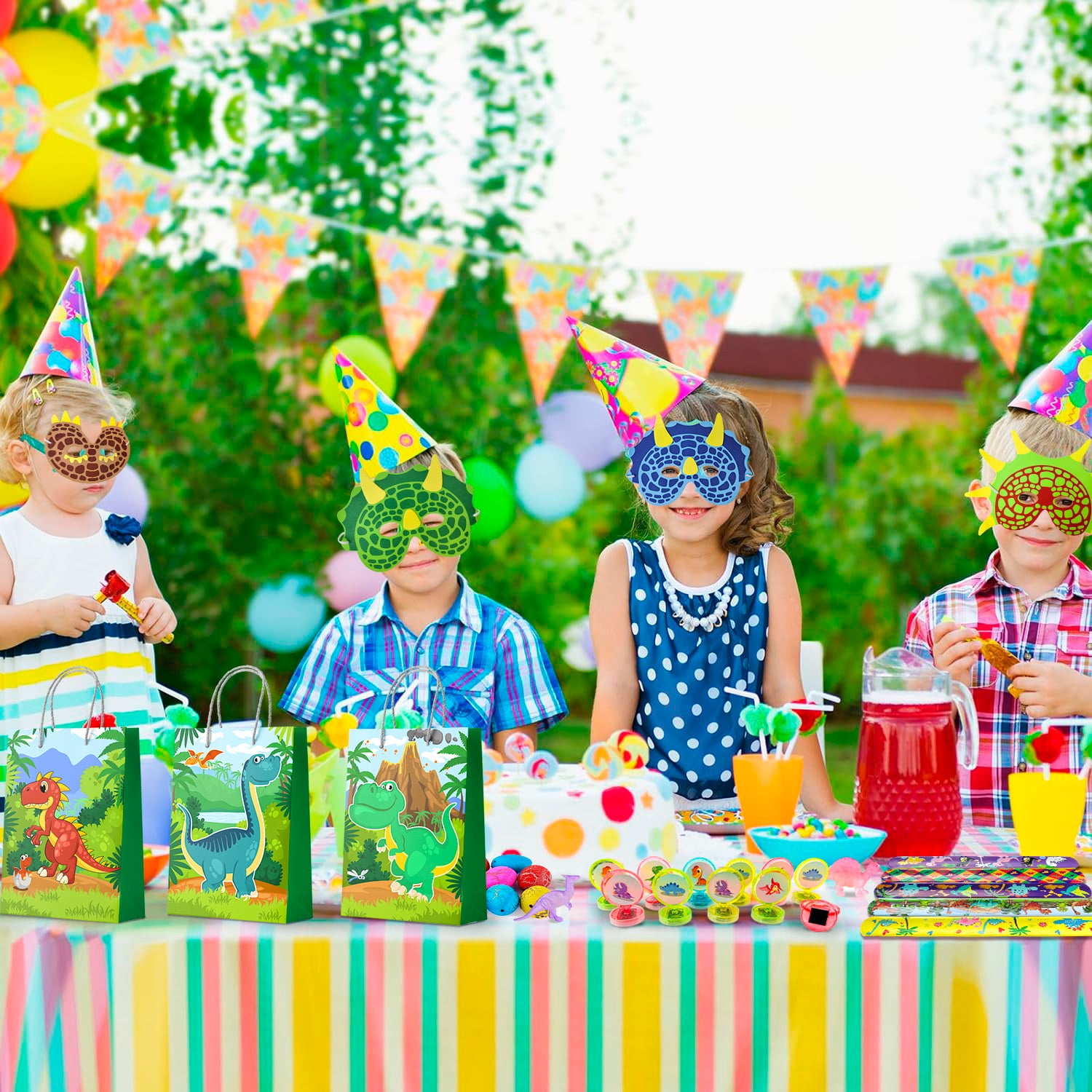 Dinosaur Party Favors for Kids, 96pcs All-in-One Dinosaur Birthday Party Favors Set - Dino Party Favor Bags Keychains Stampers Stickers Toys Clap Bracelets etc Dinosaur Birthday Party Supplies