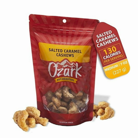 OZARK NUT ROASTERS: Salted Caramel Cashews, Gourmet Flavored Snack Nuts, Blend of Sugar, Sea Salt & Caramel, Pack of 1 (7.0 oz)